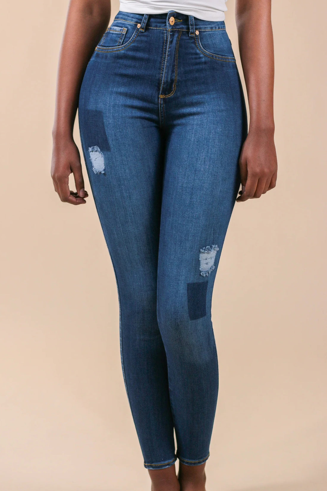 [2345] Skinny Jeans Azul Oscuro Con Desgastes &amp; Cuadros