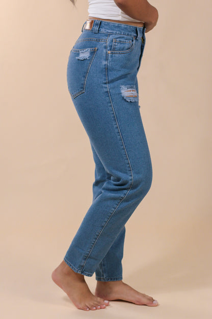 [2126] Mom Jeans Azul Medio Rotos