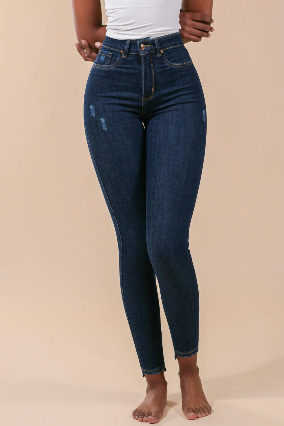 [2115] Skinny Jeans Azul Oscuro Con Desgastes &amp; Detalle En La Bota