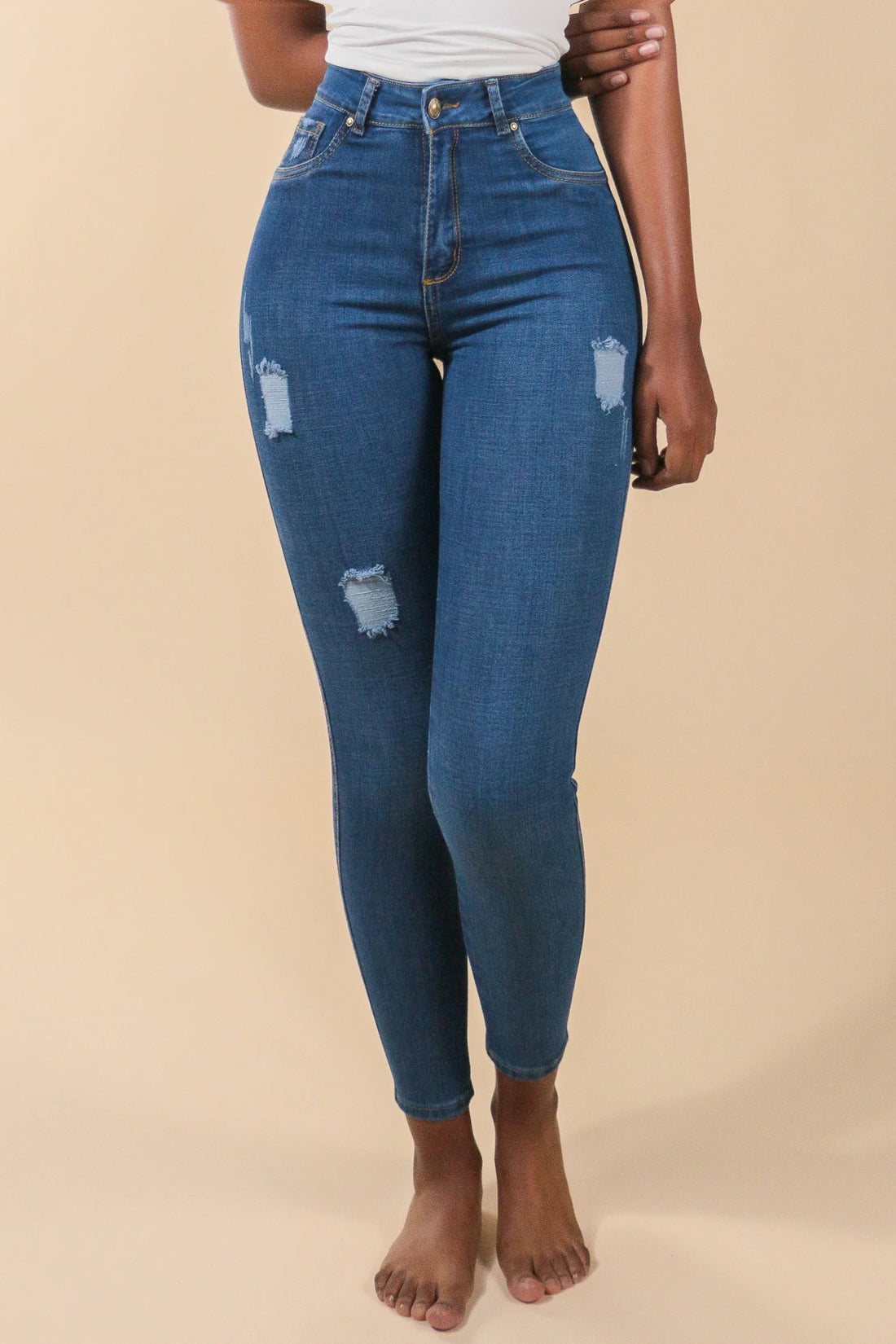 [2294] Skinny Jeans Azul Medio Con Rotos